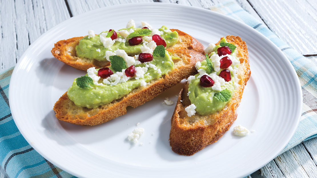 Whipped Avocado, Feta & Pomegranate Crostini