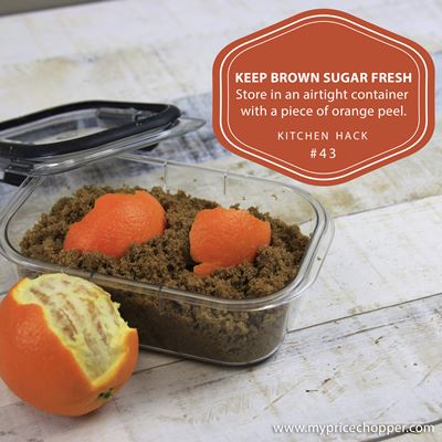 orange peel in with your brown sugar to help keep it from getting hard